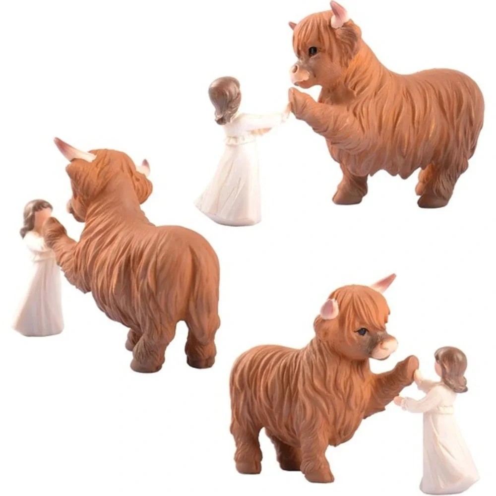 Highland Cow and Girl Resin Figurine Rustic‎ Farmhouse Decor 6.7 Inch Brown